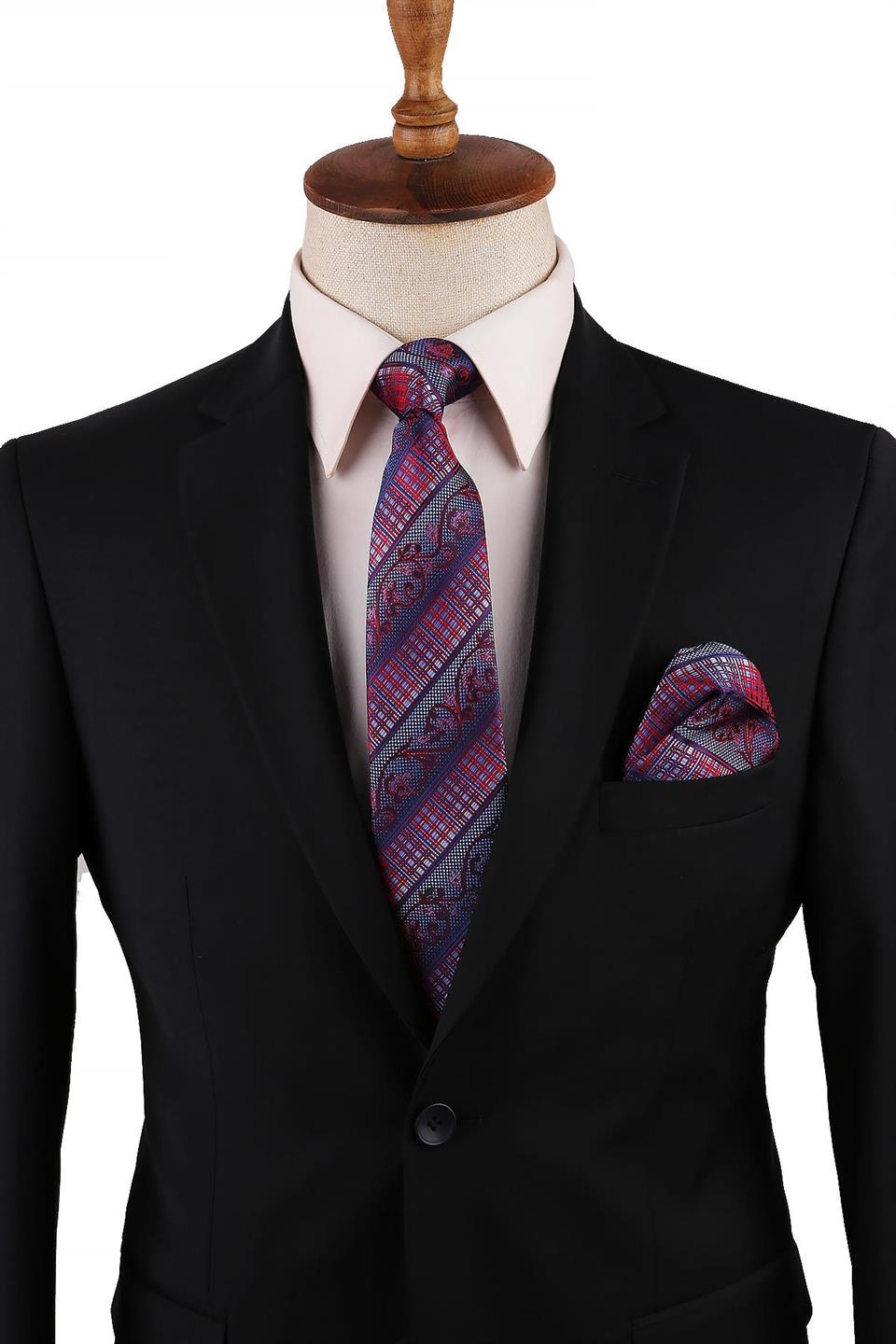 Mavi - Kırmızı Motif Desen Mendilli Klasik Kravat KK10803