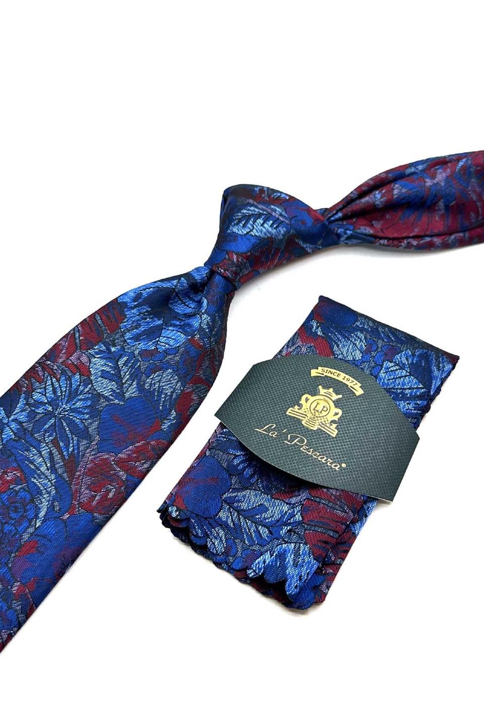 Mavi - Kırmızı Yaprak Desen Mendilli Klasik Kravat KK13043