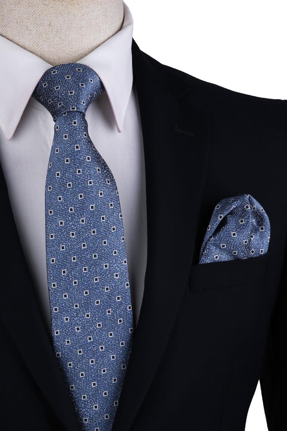Mavi Küçük Desen Mendilli Klasik Kravat KK10625