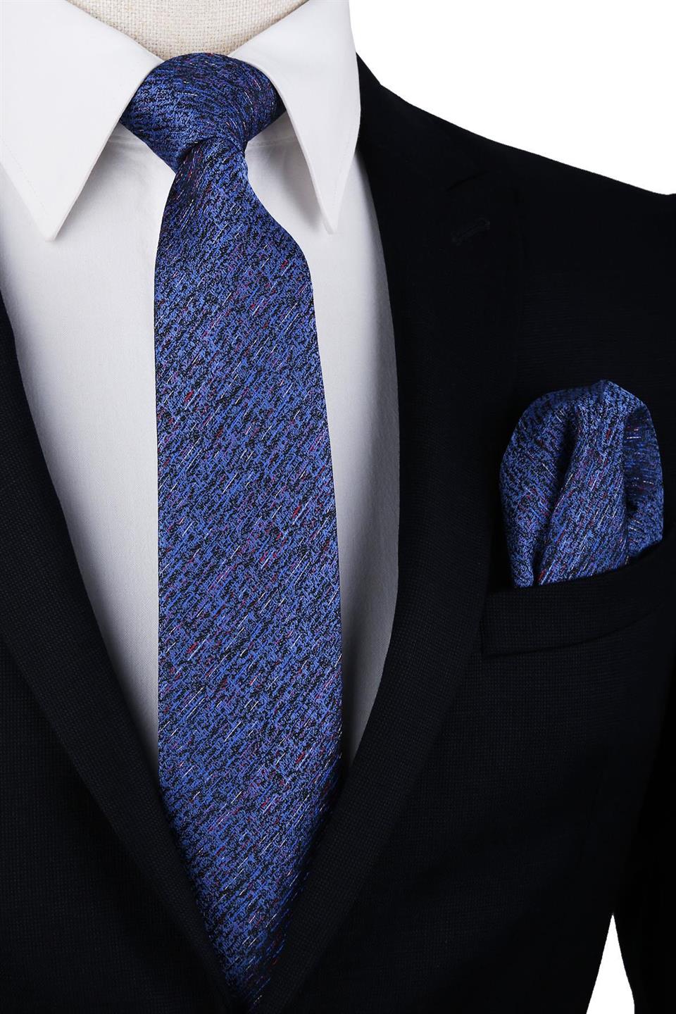 Mavi Kum Desen Mendilli Klasik Kravat KK10038