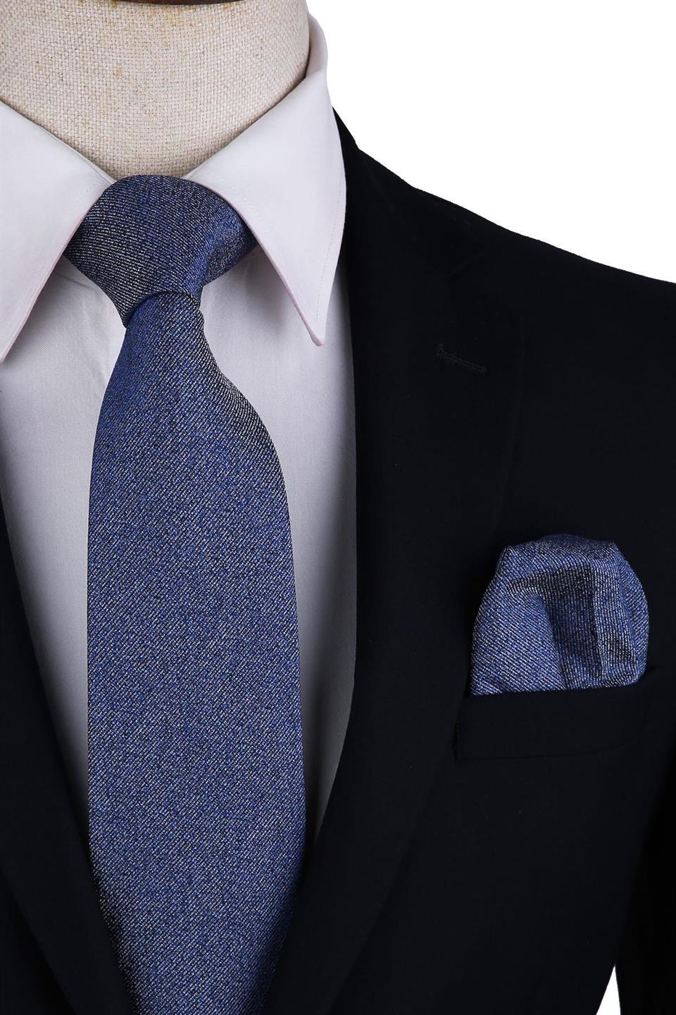 Mavi Kum Desen Mendilli Klasik Kravat KK10509