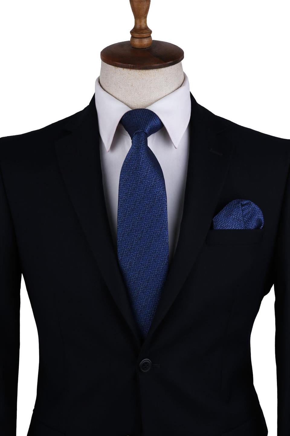 Mavi Kum Desen Mendilli Klasik Kravat KK10604