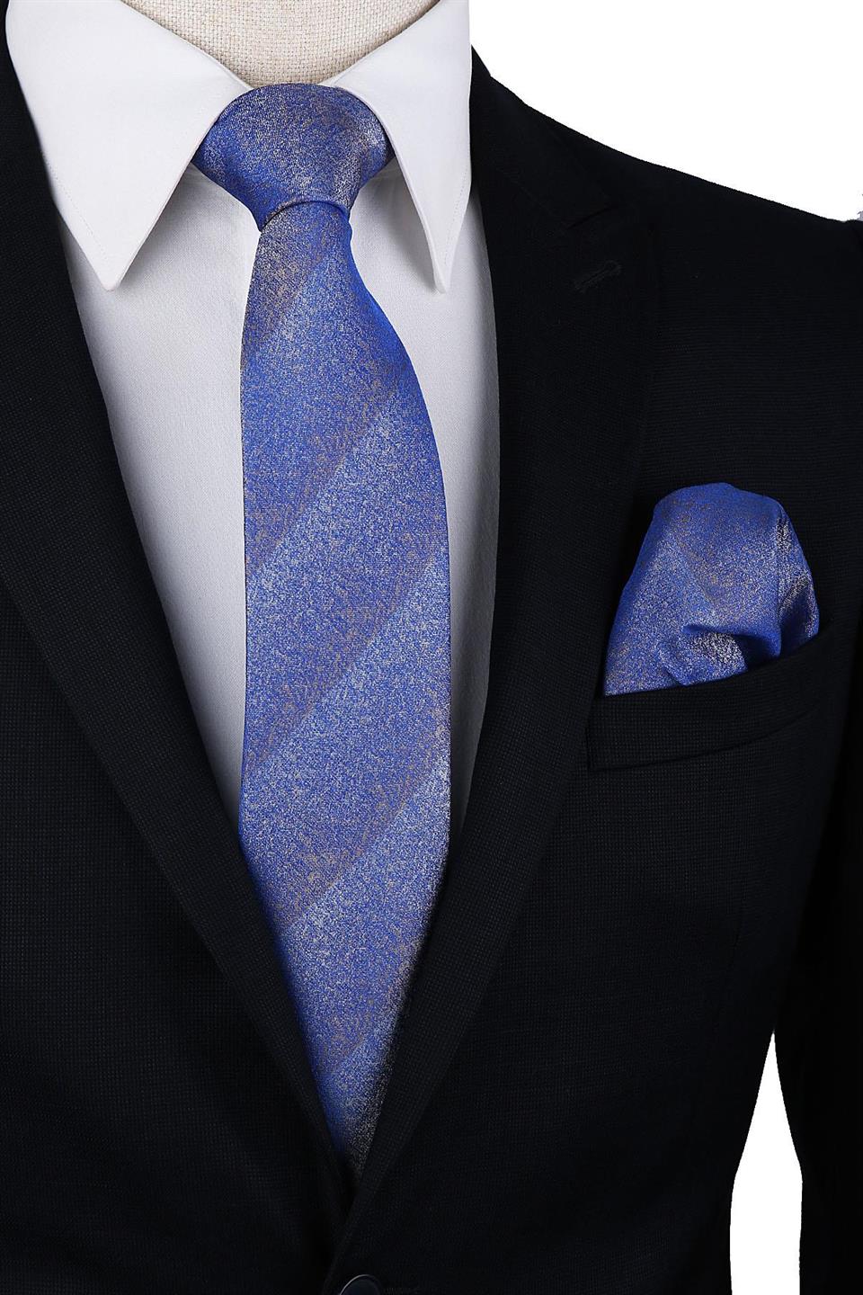 Mavi Kum Desen Mendilli Klasik Kravat KK10011