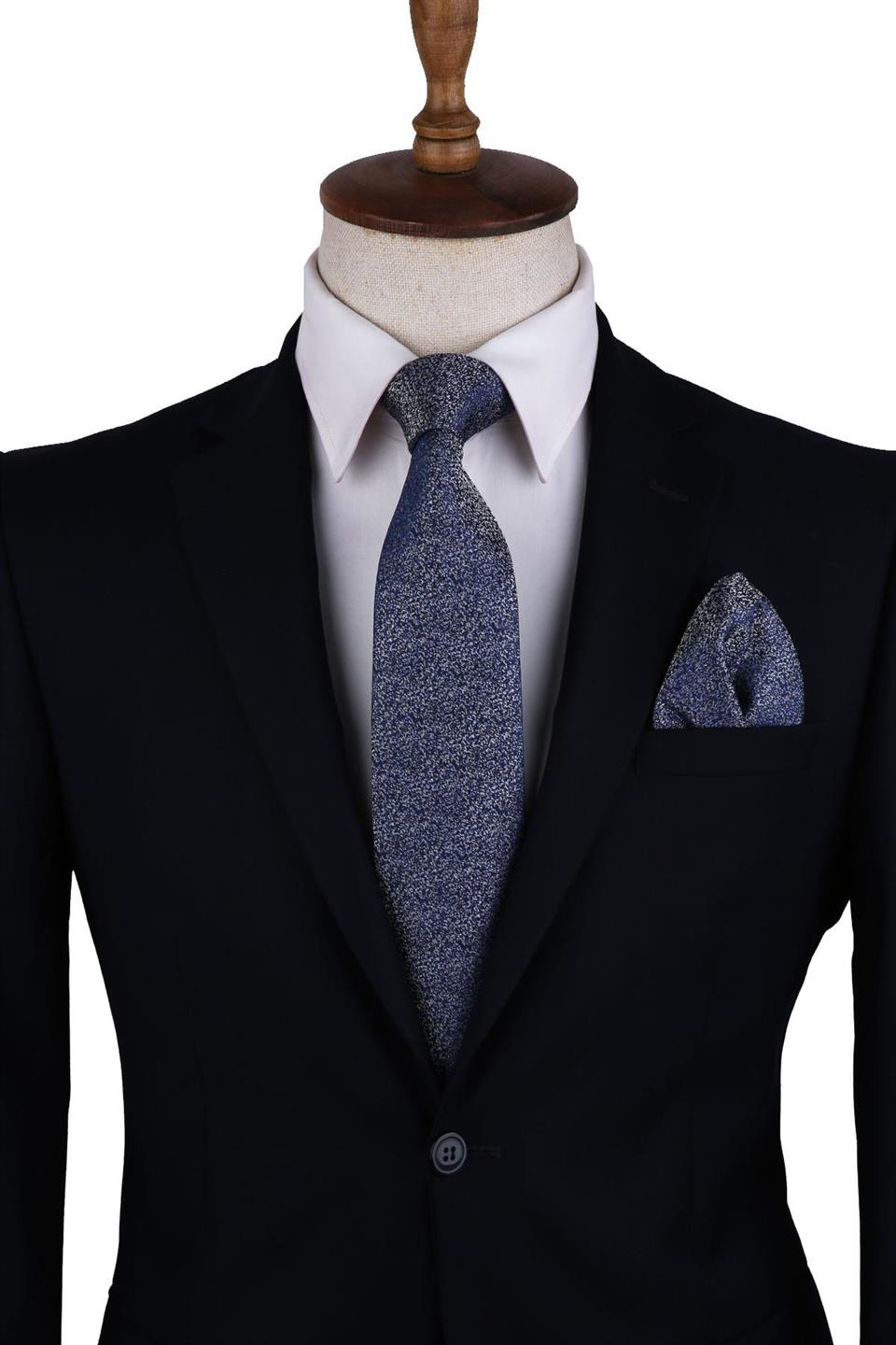 Mavi Kum Desen Mendilli Klasik Kravat KK10333