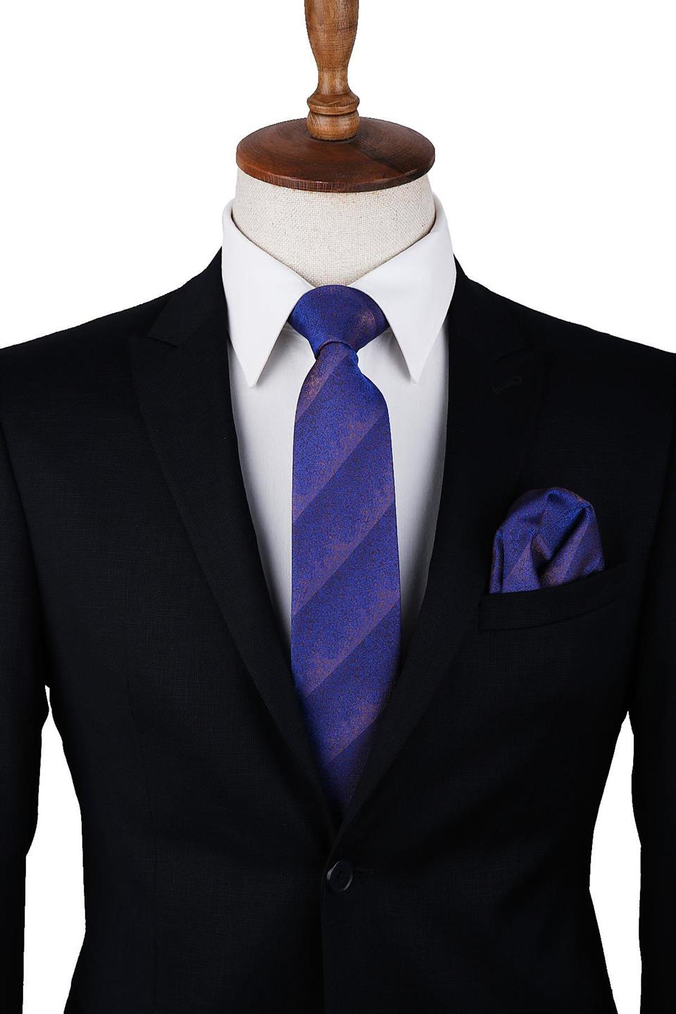 Mavi Kum Desen Mendilli Klasik Kravat KK10017