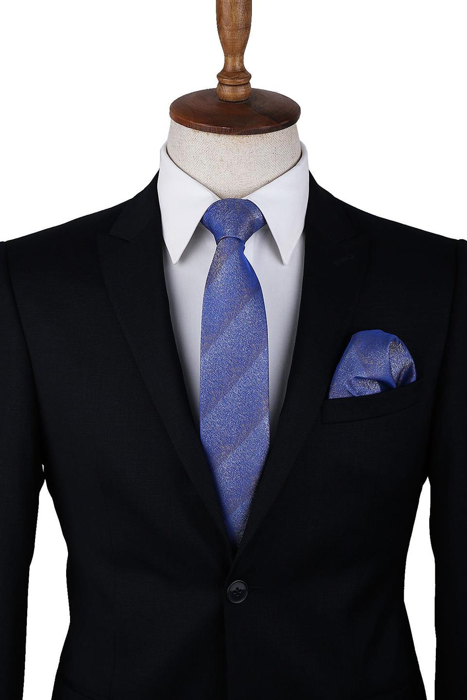 Mavi Kum Desen Mendilli Klasik Kravat KK10011