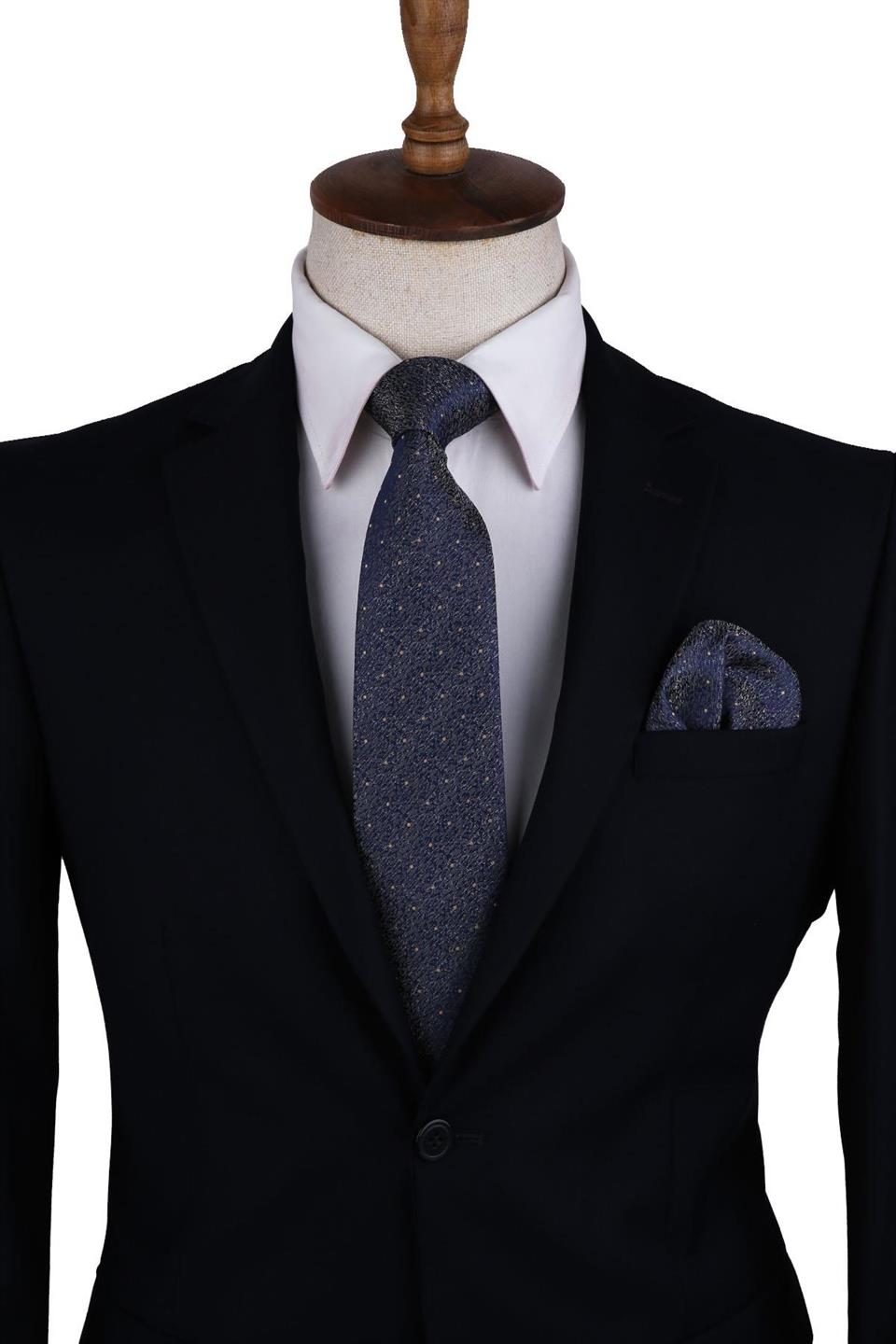 Mavi Kum Desen Mendilli Klasik Kravat KK10573