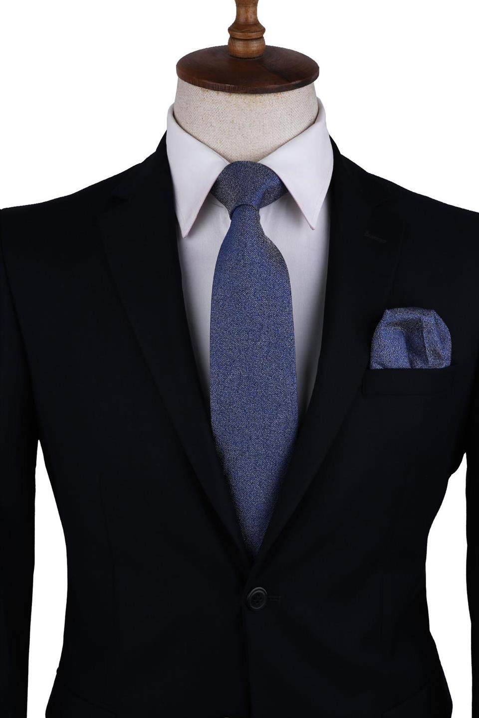 Mavi Kum Desen Mendilli Klasik Kravat KK10509