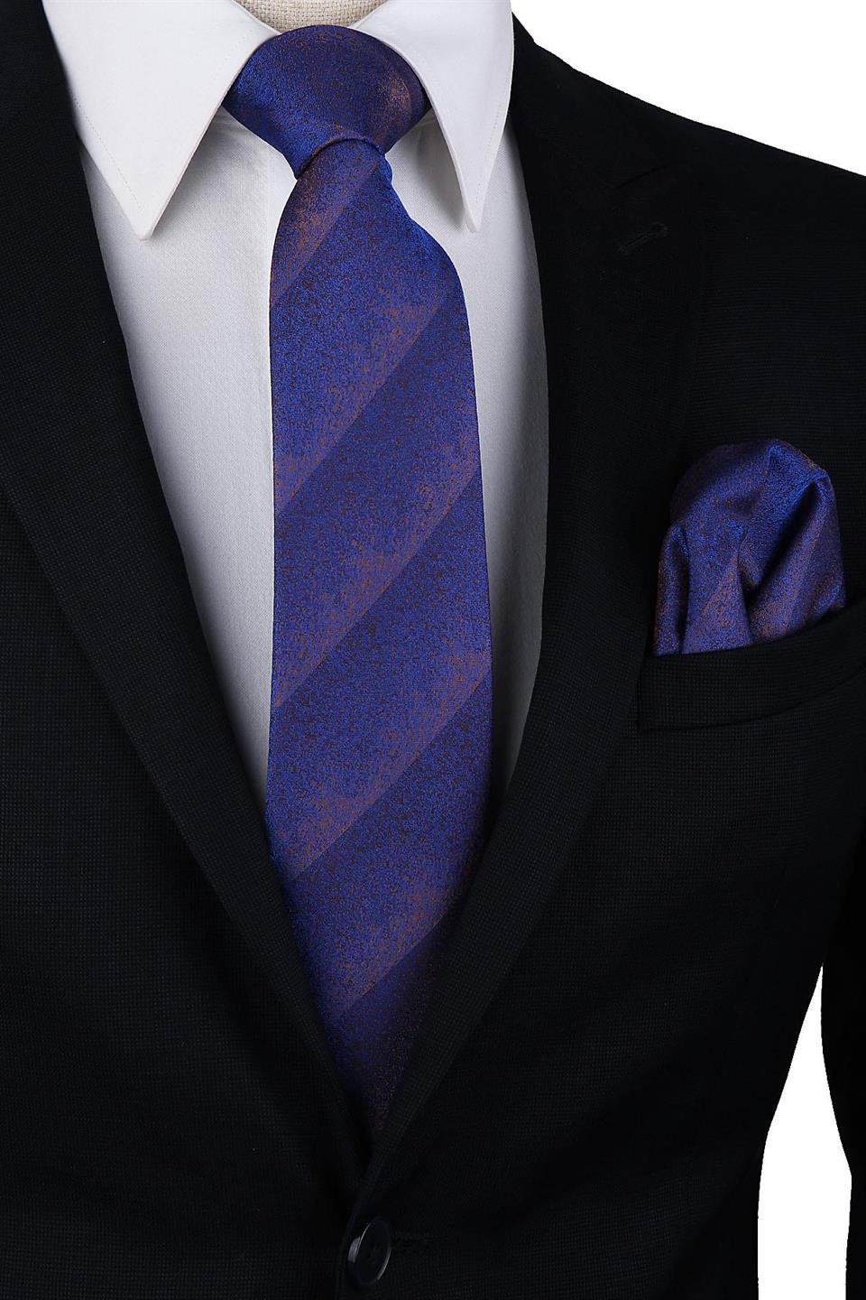 Mavi Kum Desen Mendilli Klasik Kravat KK10017