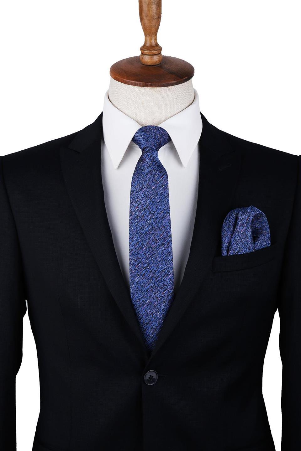 Mavi Kum Desen Mendilli Klasik Kravat KK10038