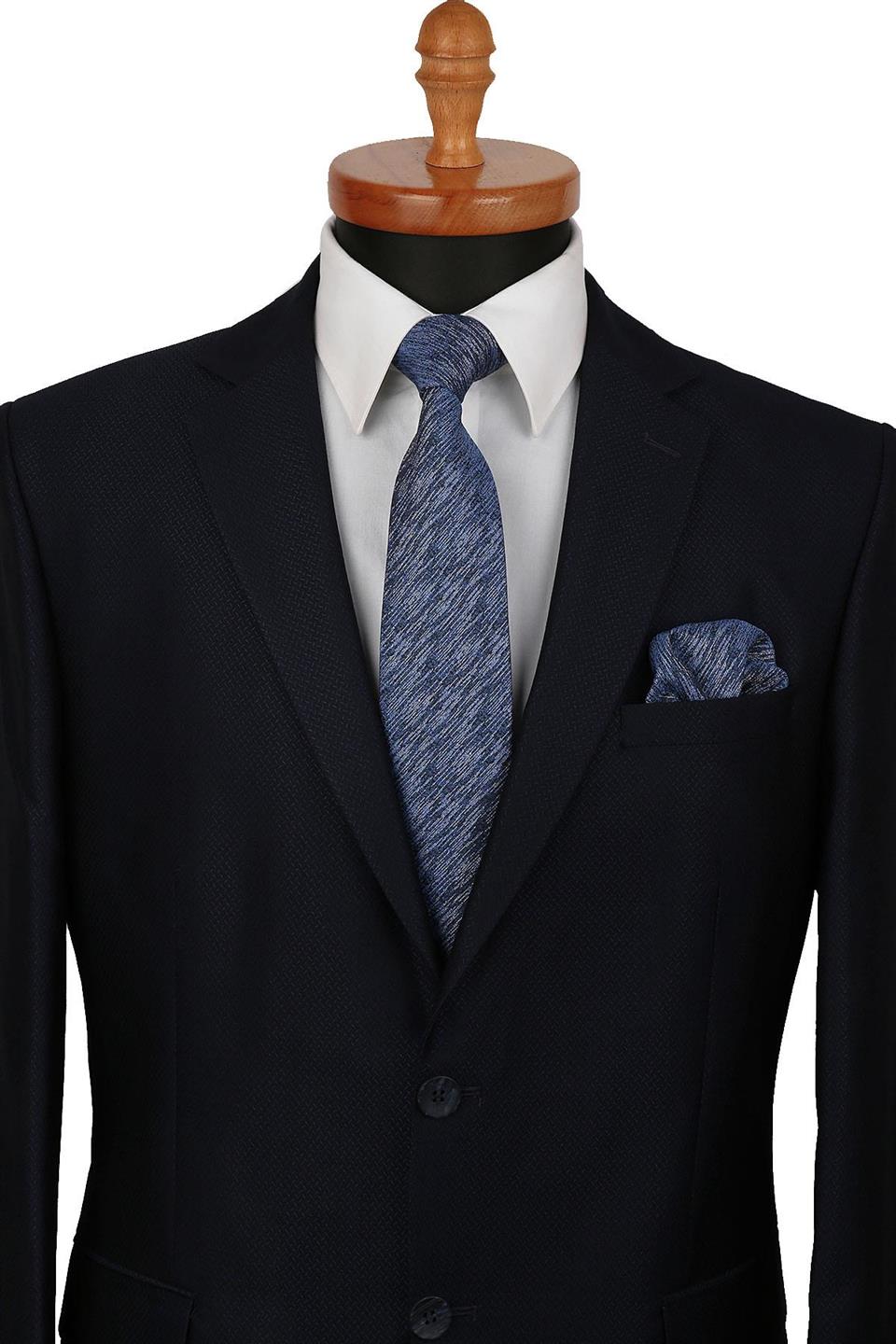 Mavi Kum Desen Mendilli Klasik Kravat KK9443