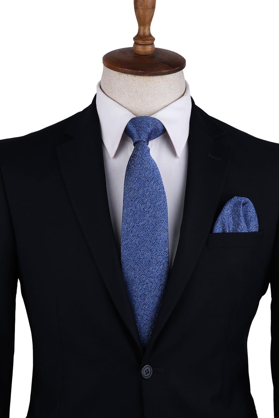 Mavi Kum Desen Mendilli Klasik Kravat KK10389