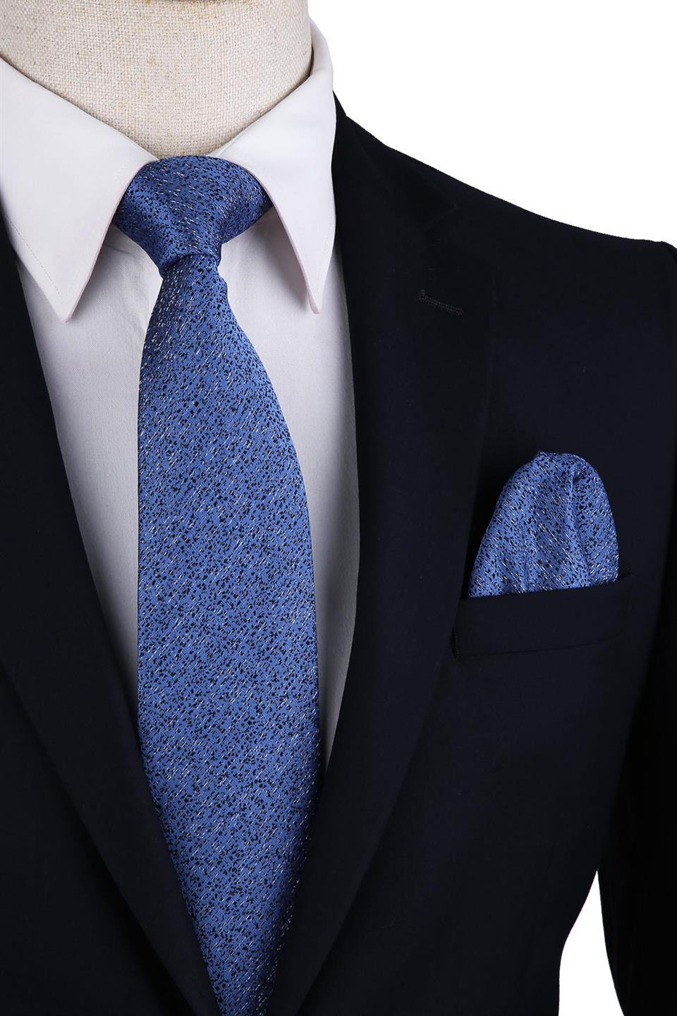 Mavi Kum Desen Mendilli Klasik Kravat KK10389