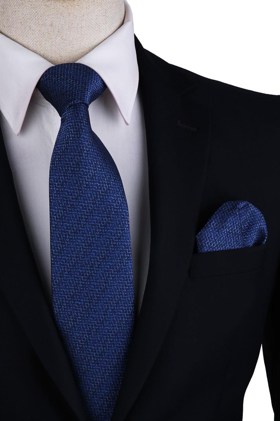 Mavi Kum Desen Mendilli Klasik Kravat KK10604