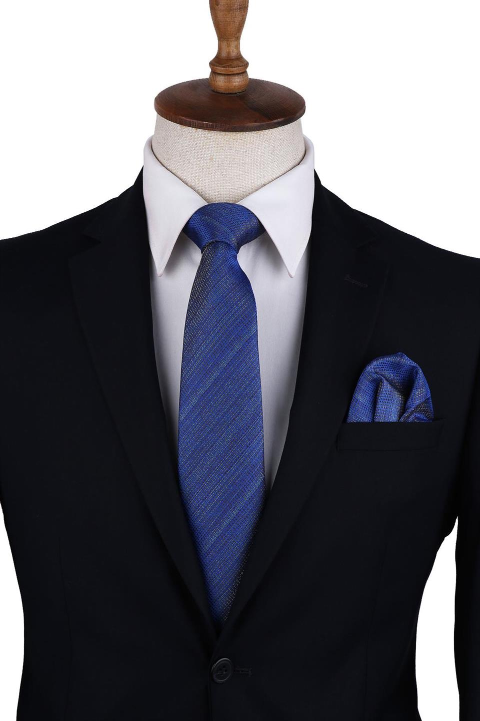 Mavi Kum Desen Mendilli Klasik Kravat KK10636