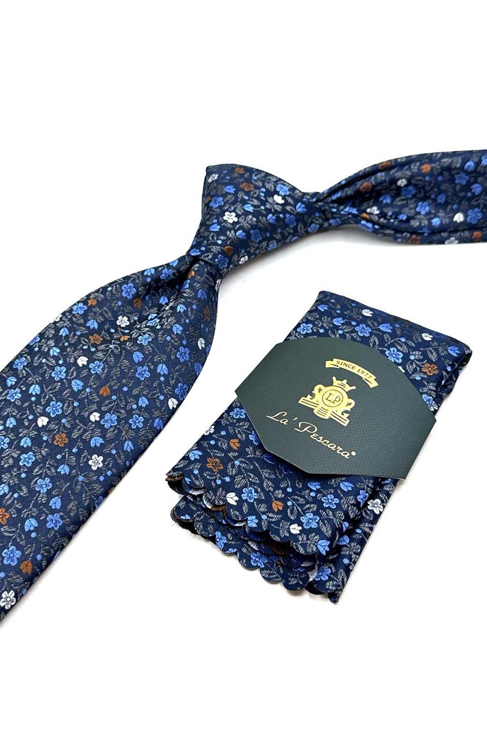Mavi - Laci Çiçek Desen Mendilli Klasik Kravat KK12981