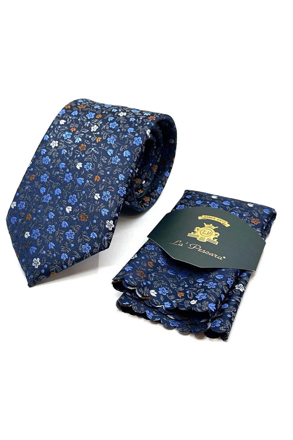 Mavi - Laci Çiçek Desen Mendilli Klasik Kravat KK12981