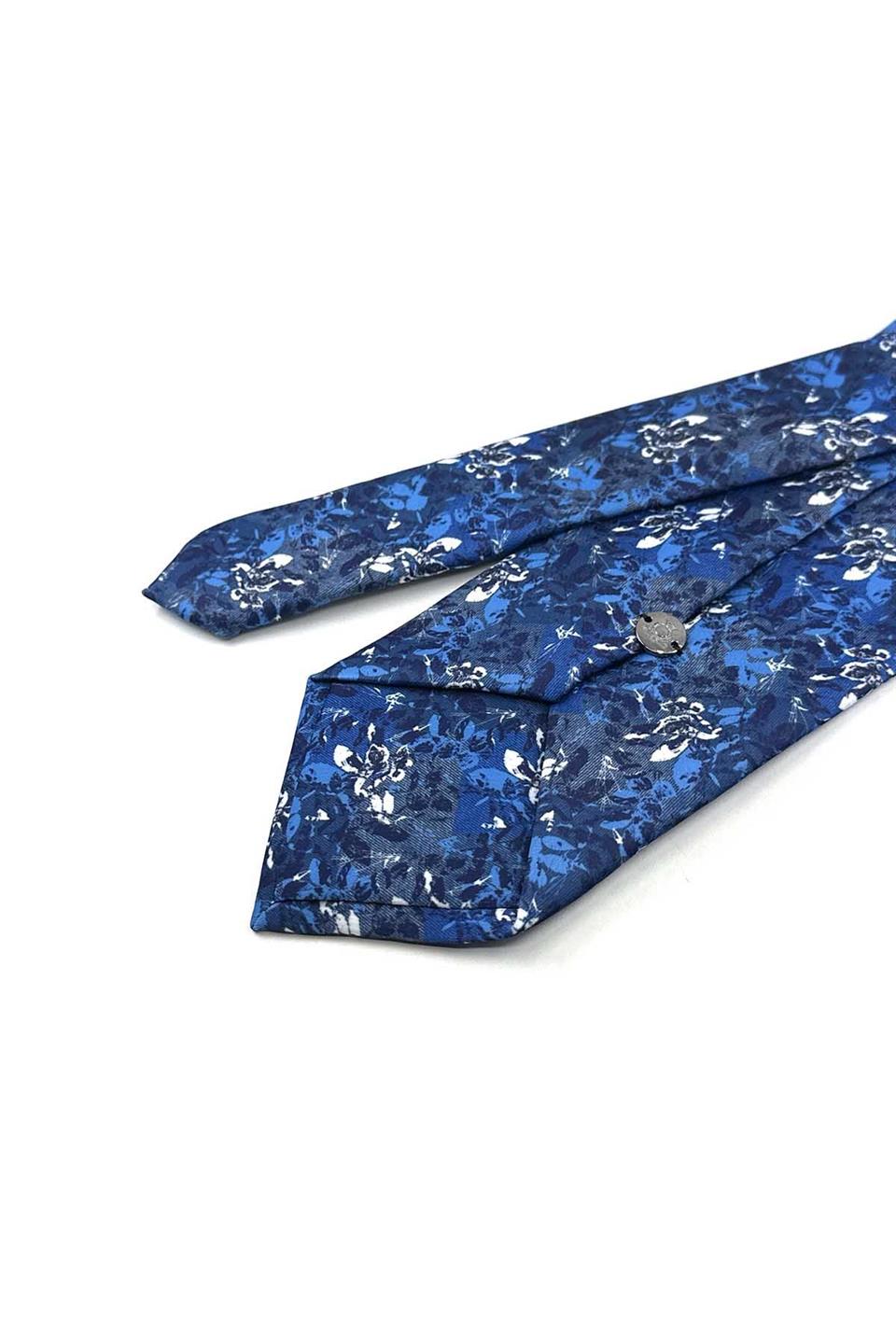 Mavi - Lacivert Çiçek Desen Baskılı Mendilli Klasik Kravat KK13342