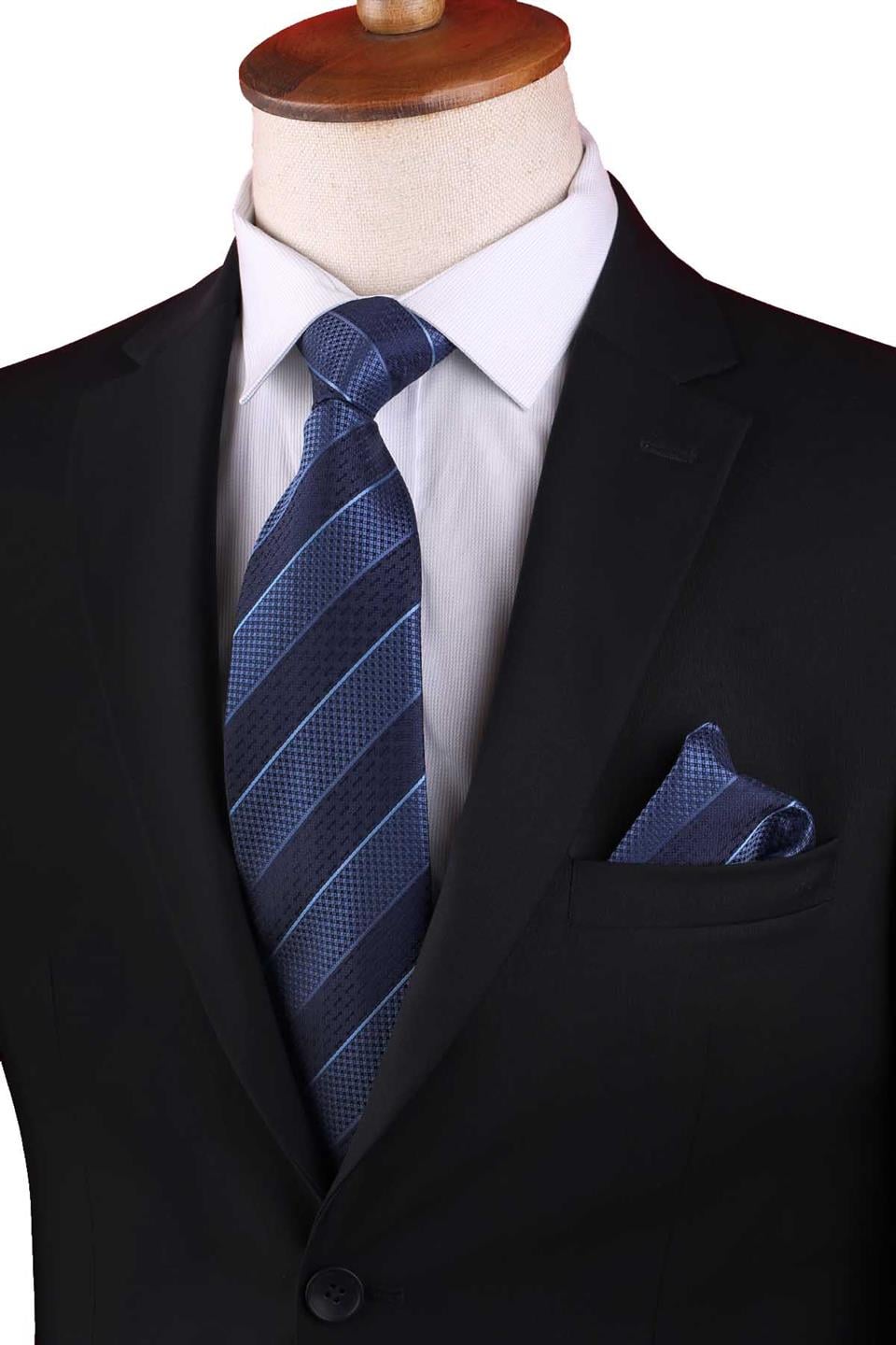 Sarı Çizgi Desen Mendilli Klasik Kravat KK13151