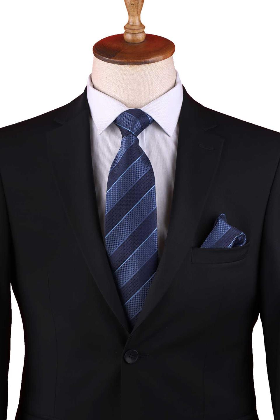 Sarı Çizgi Desen Mendilli Klasik Kravat KK13151