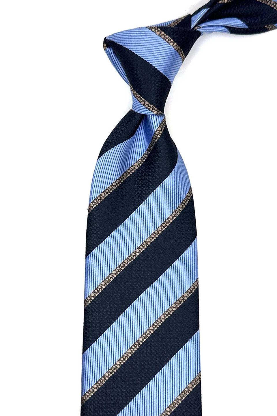 Mavi - Lacivert Çizgi Desen Mendilli Klasik Kravat KK13109