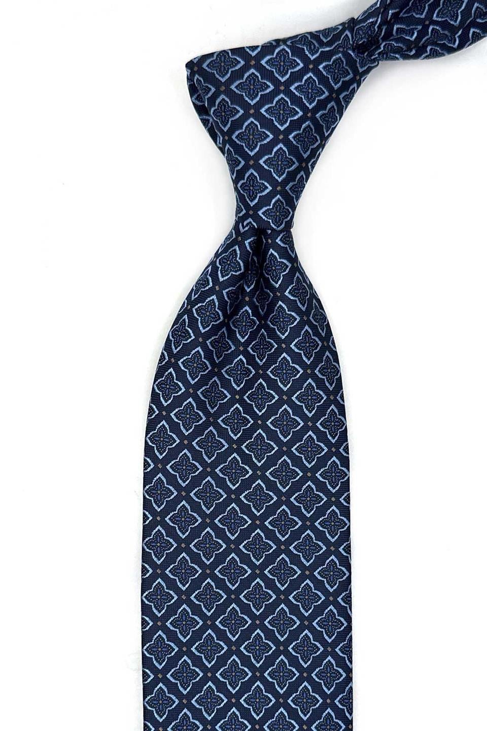 Mavi - Lacivert Motif Desen Mendilli Klasik Kravat KK13480