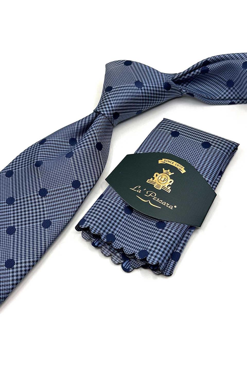 Mavi - Lacivert Puantiye Desen Mendilli Klasik Kravat KK13595