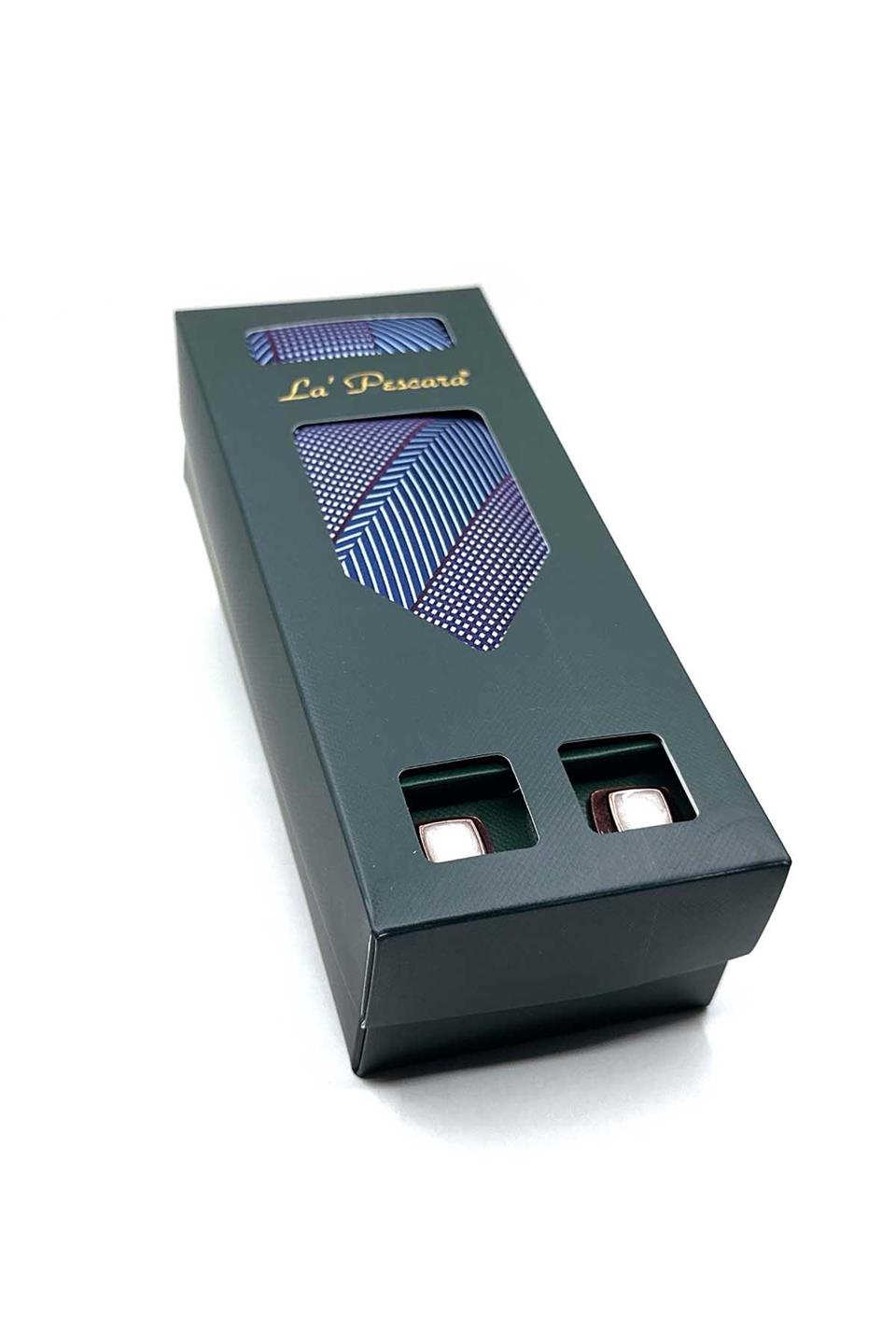 Mavi - Mor Mendilli Kravat Mürdüm Kol Düğmesi Hediye Seti OS575