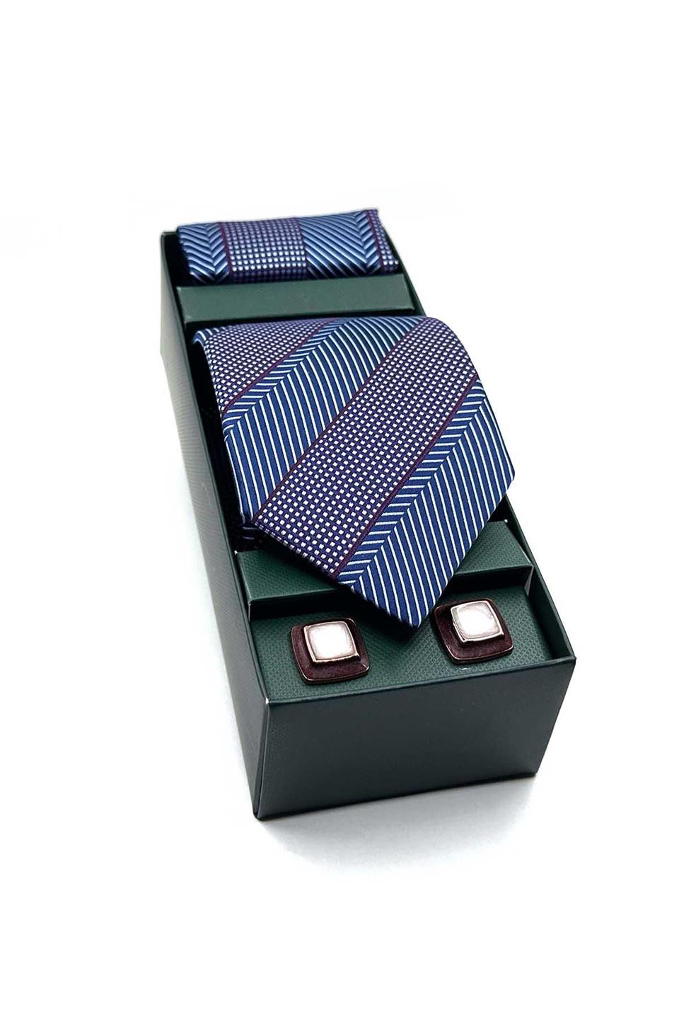 Mavi - Mor Mendilli Kravat Mürdüm Kol Düğmesi Hediye Seti OS575