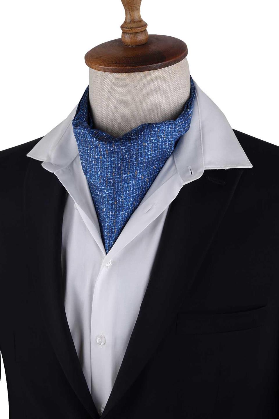 Mavi Motif Desen İtalyan İpek Ascot Fular K657