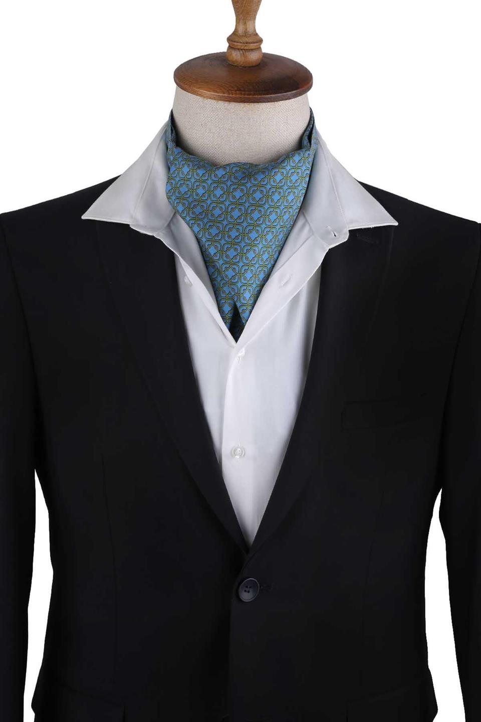 Mavi Motif Desen İtalyan İpek Ascot Fular K648