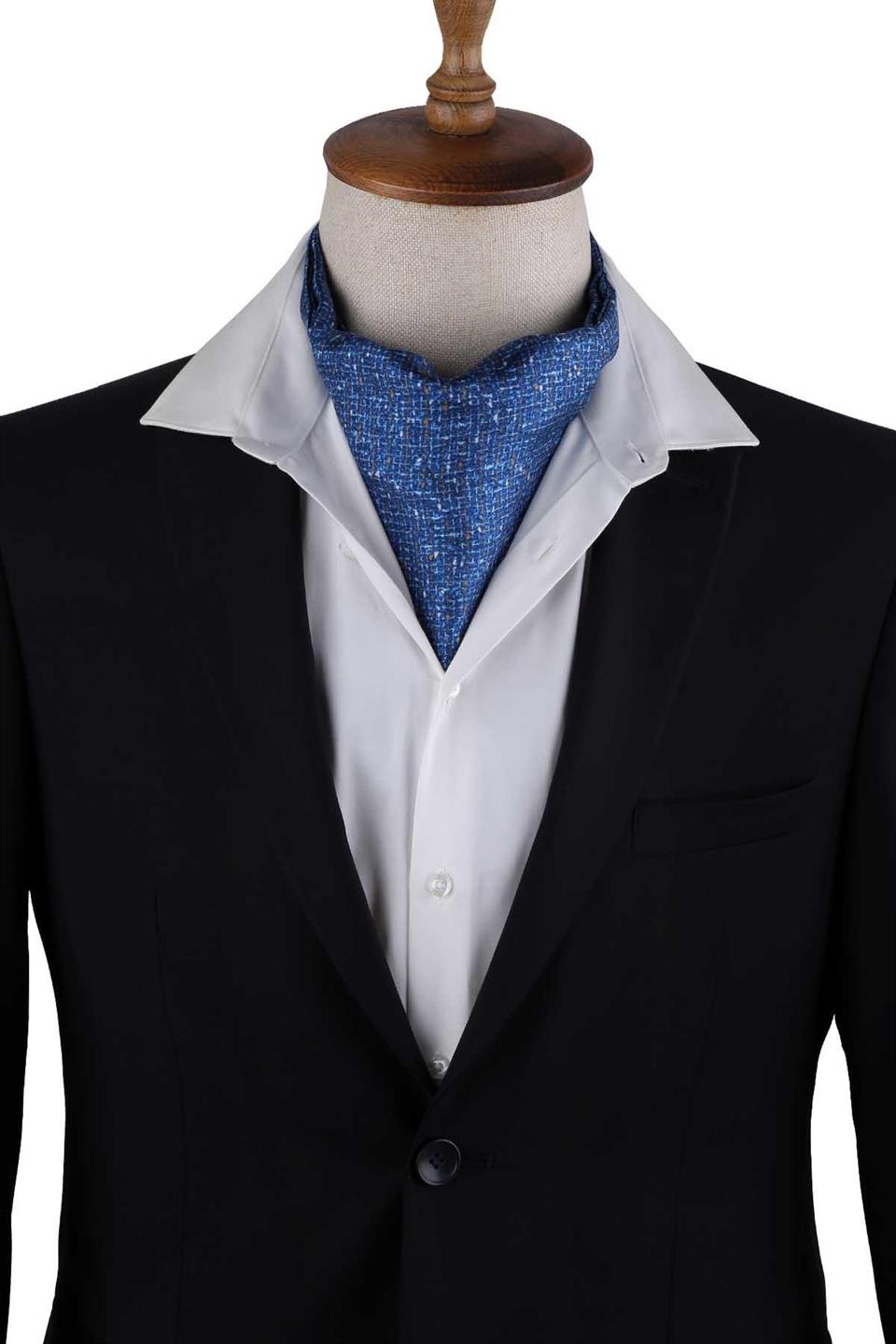 Mavi Motif Desen İtalyan İpek Ascot Fular K657