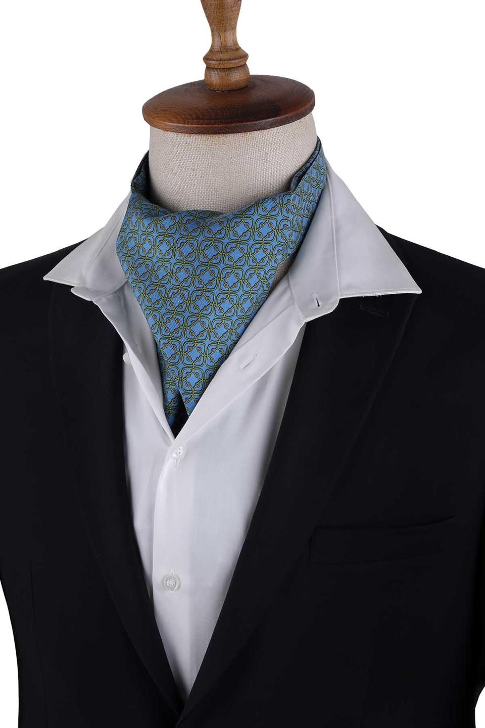 Mavi Motif Desen İtalyan İpek Ascot Fular K648