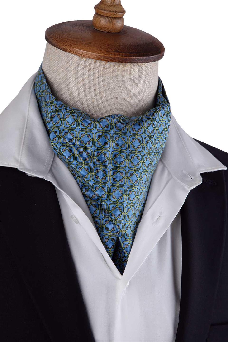 Mavi Motif Desen İtalyan İpek Ascot Fular K648