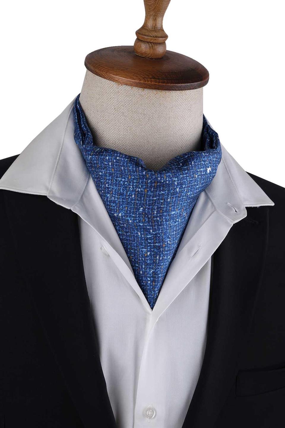 Mavi Motif Desen İtalyan İpek Ascot Fular K657