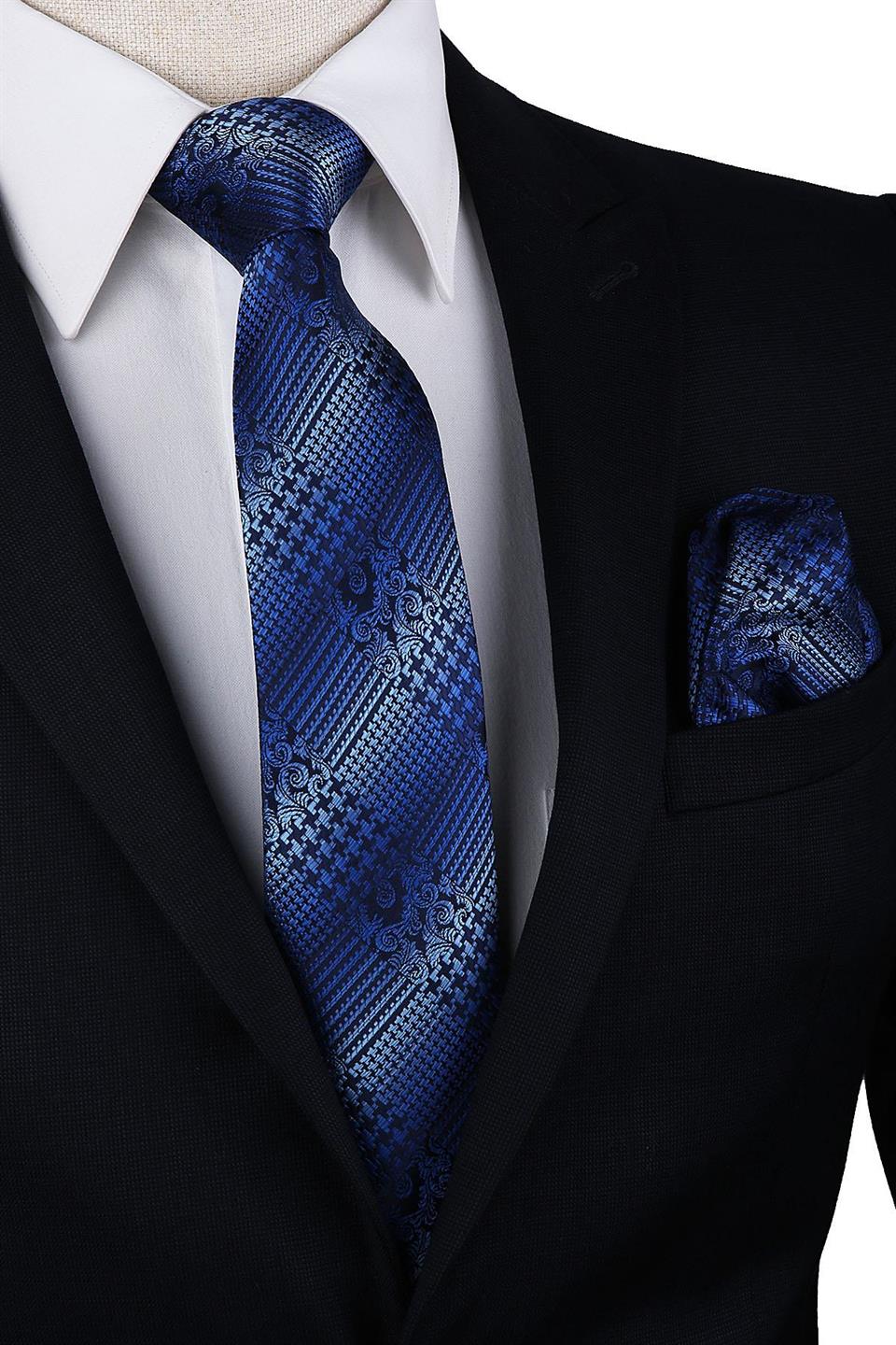 Mavi Motif Desen Mendilli Klasik Kravat KK10000