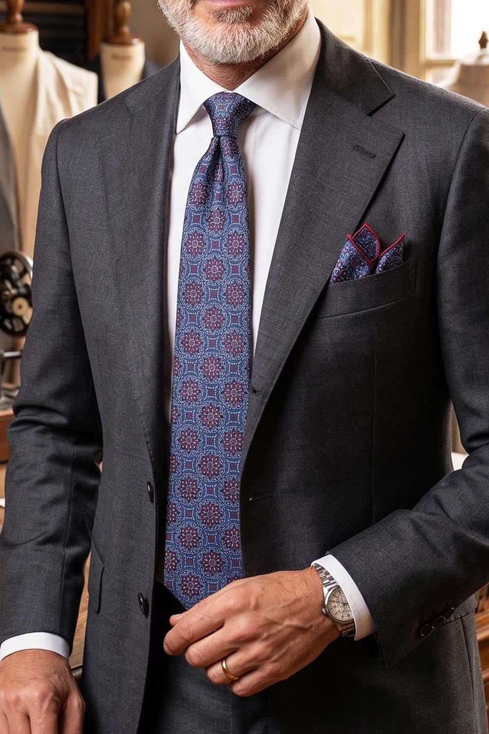 Mavi Motif Desen Mendilli Klasik Kravat KK12681