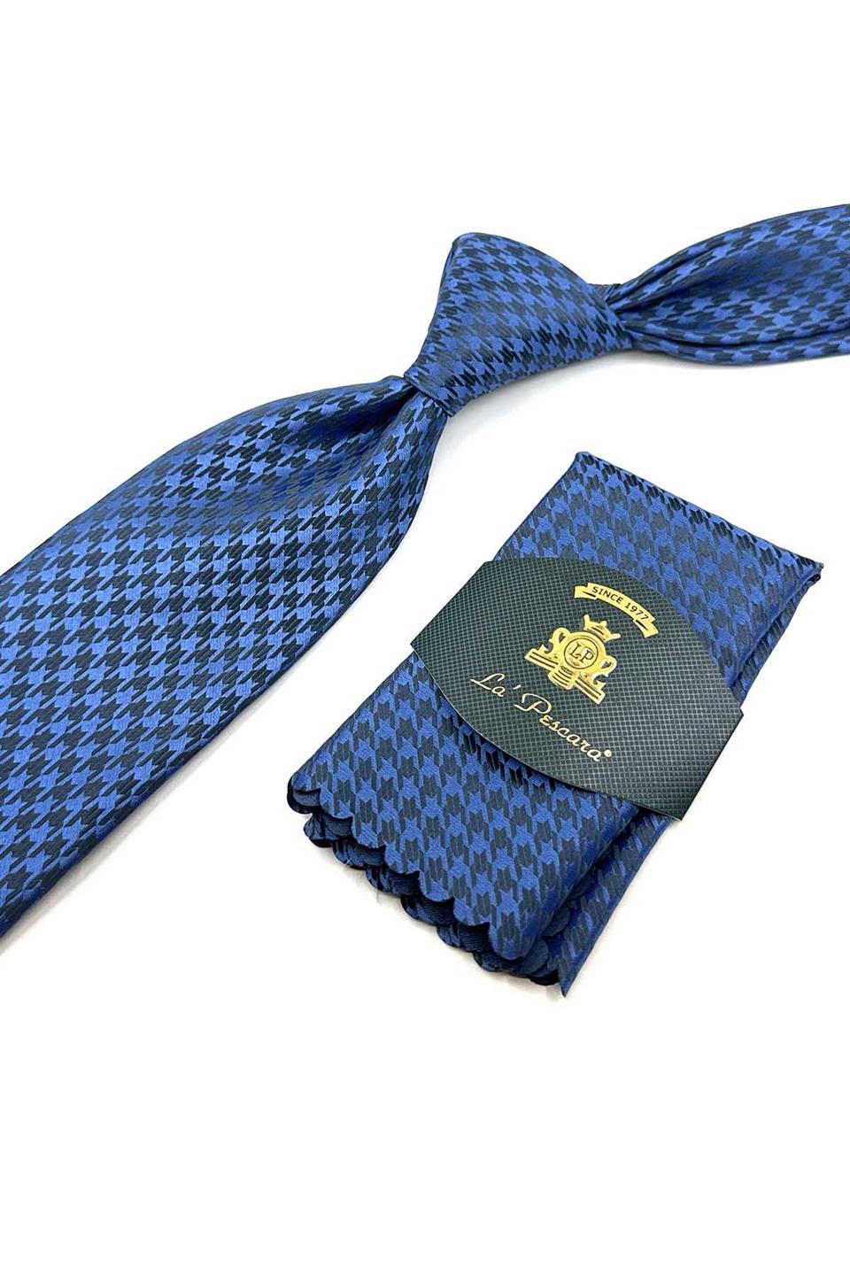 Mavi Motif Desen Mendilli Klasik Kravat KK12452