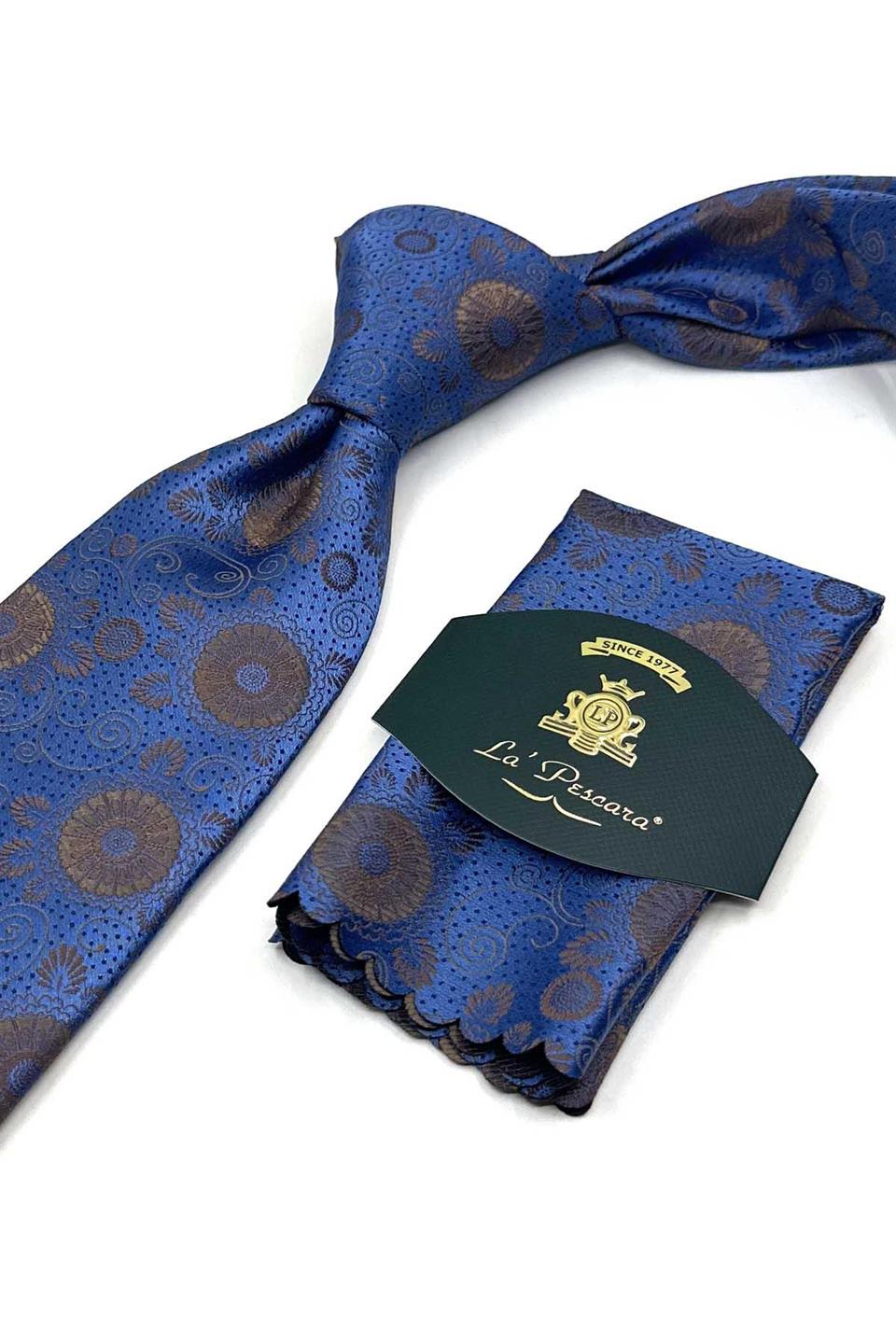 Mavi Motif Desen Mendilli Klasik Kravat KK13589