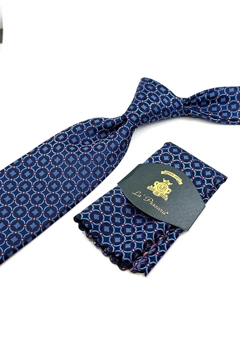 Mavi Motif Desen Mendilli Klasik Kravat KK12392