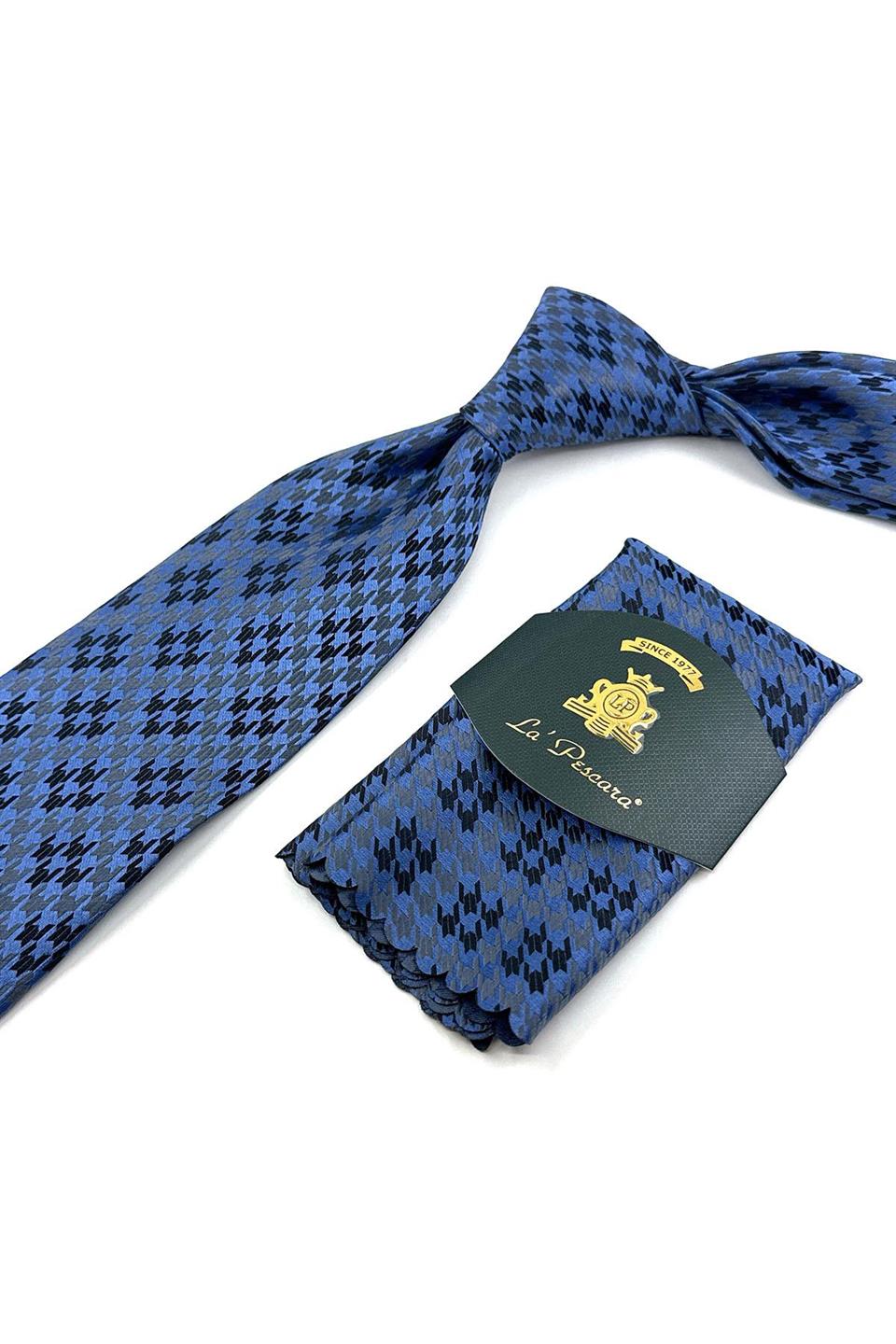 Mavi Motif Desen Mendilli Klasik Kravat KK12025