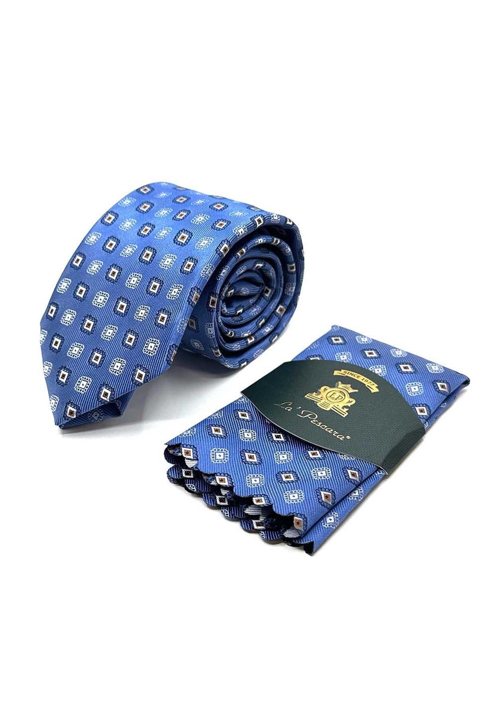 Mavi Motif Desen Mendilli Klasik Kravat KK13089