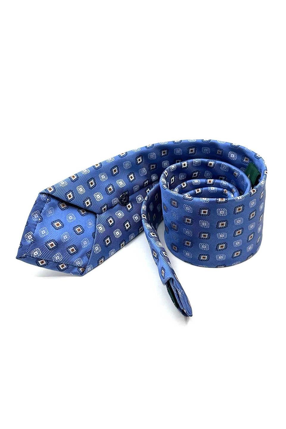 Mavi Motif Desen Mendilli Klasik Kravat KK13089