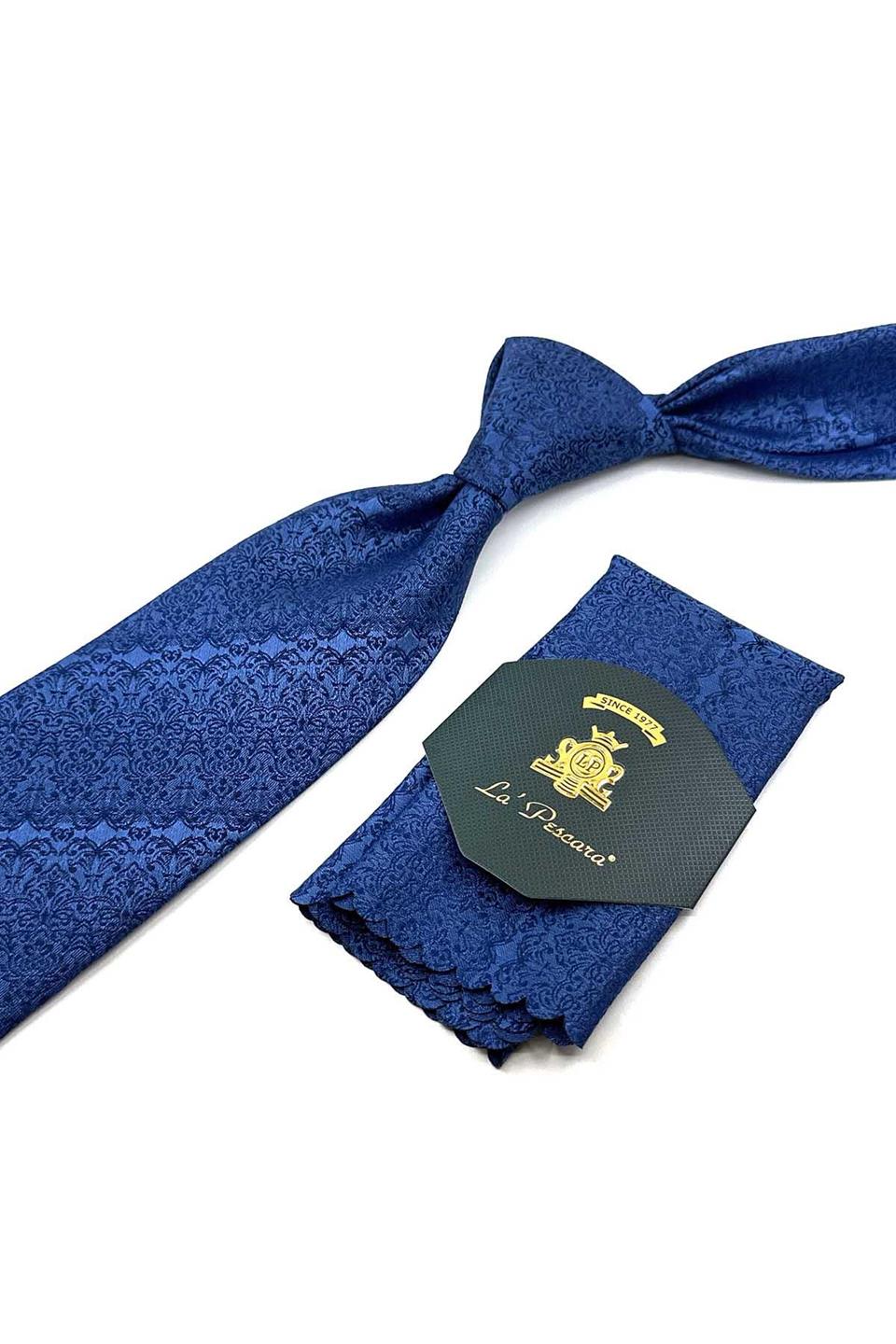 Mavi Motif Desen Mendilli Klasik Kravat KK12426