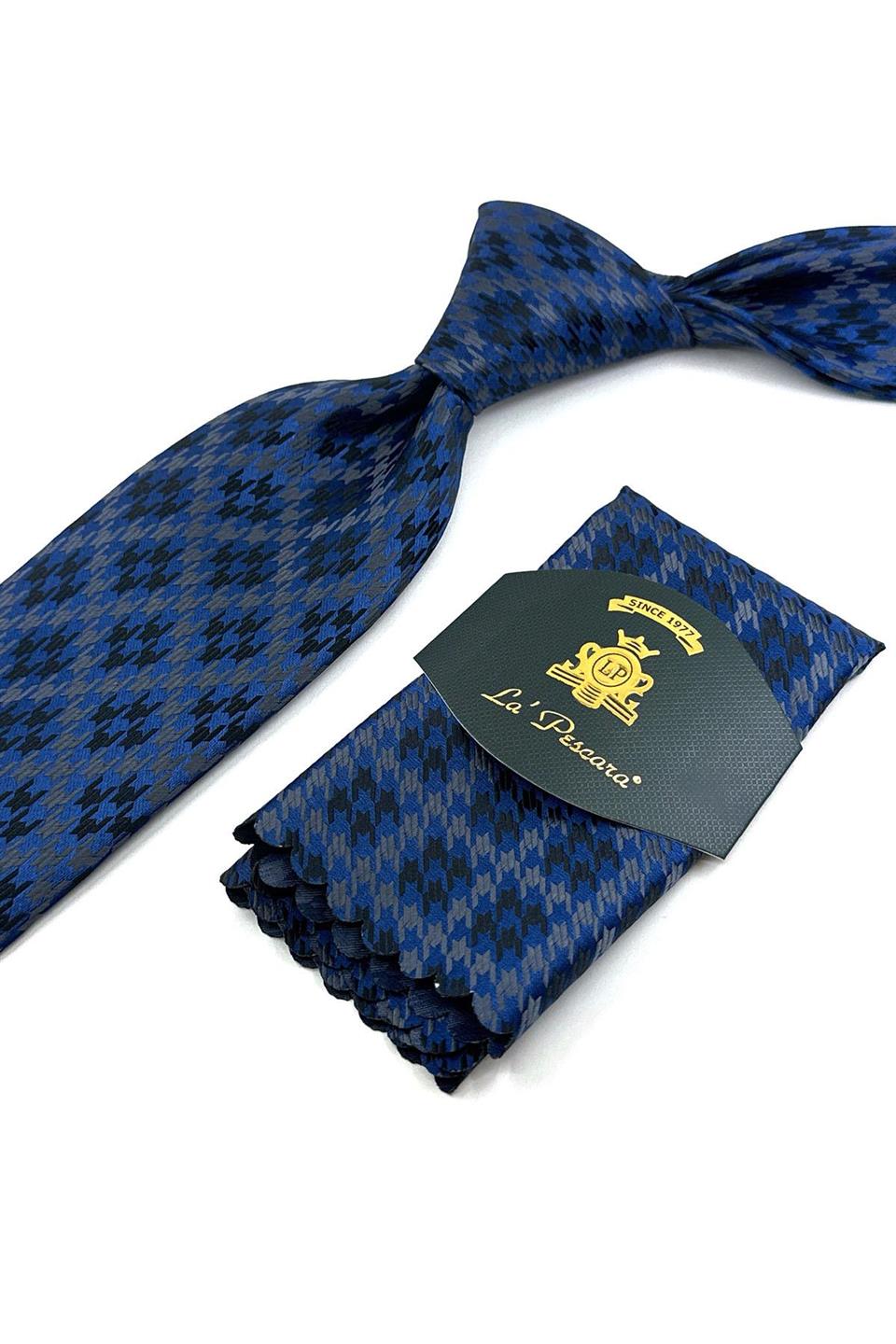 Mavi Motif Desen Mendilli Klasik Kravat KK12028