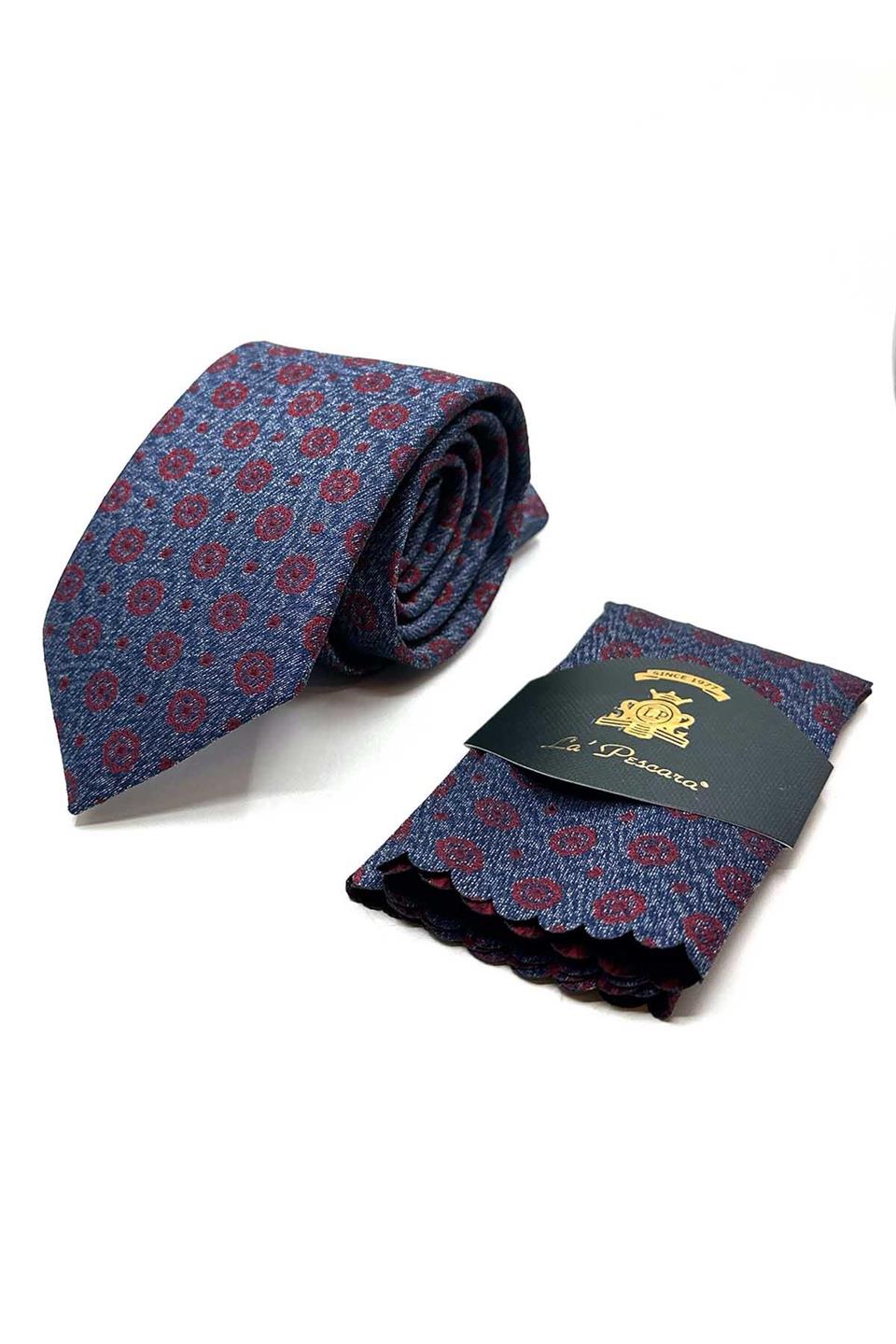 Mavi Motif Desen Mendilli Klasik Kravat KK12910