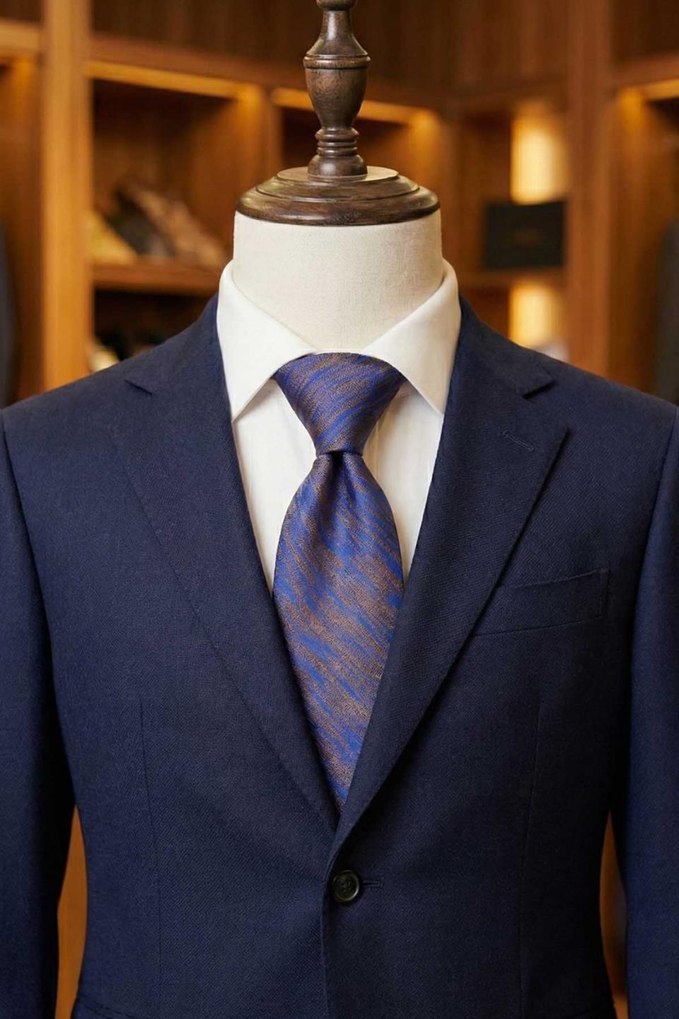 Mavi Motif Desen Mendilli Klasik Kravat KK10519