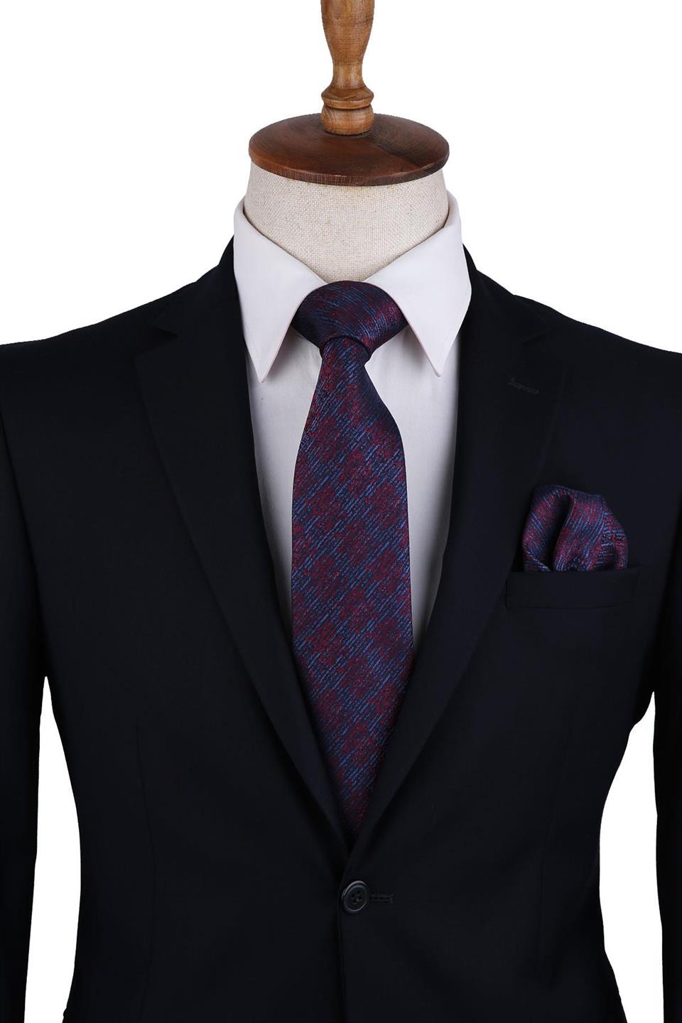 Mavi Motif Desen Mendilli Klasik Kravat KK10375