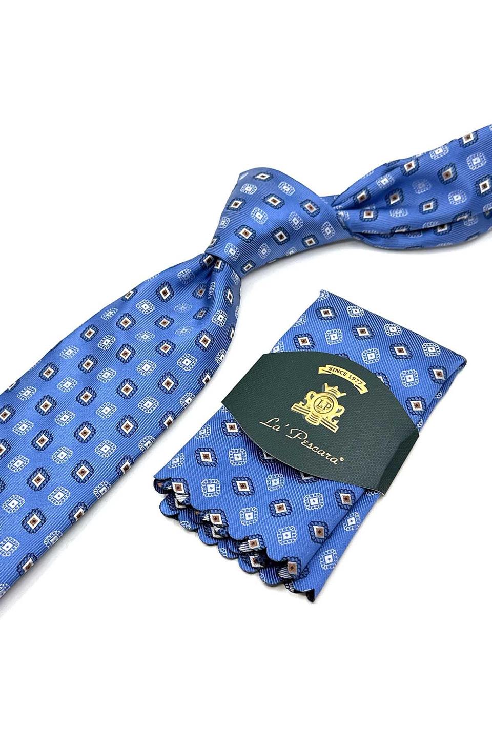 Mavi Motif Desen Mendilli Klasik Kravat KK13089