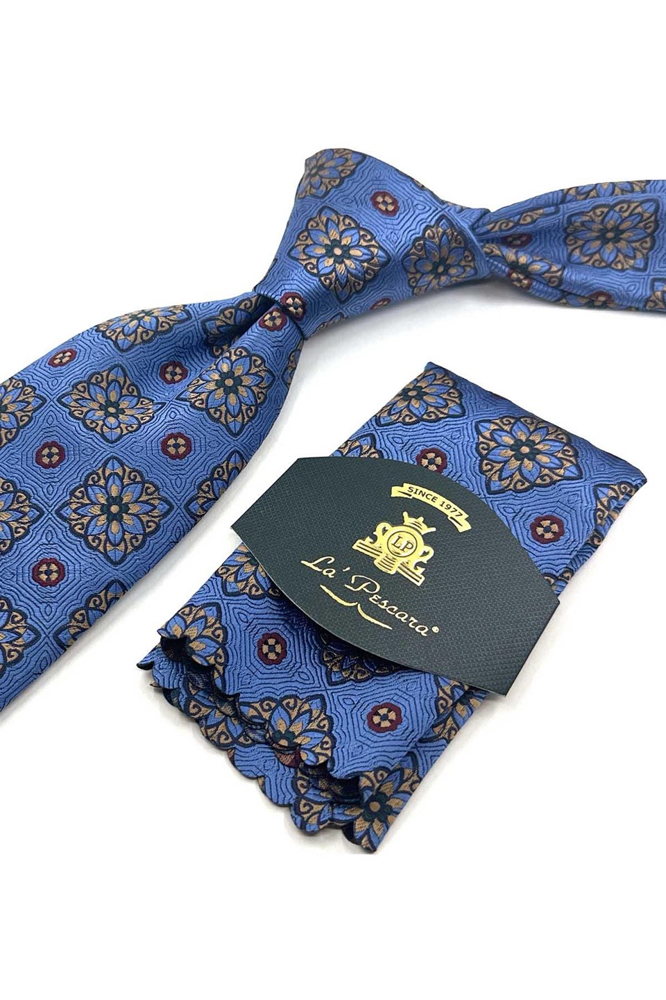 Mavi Motif Desen Mendilli Klasik Kravat KK13737